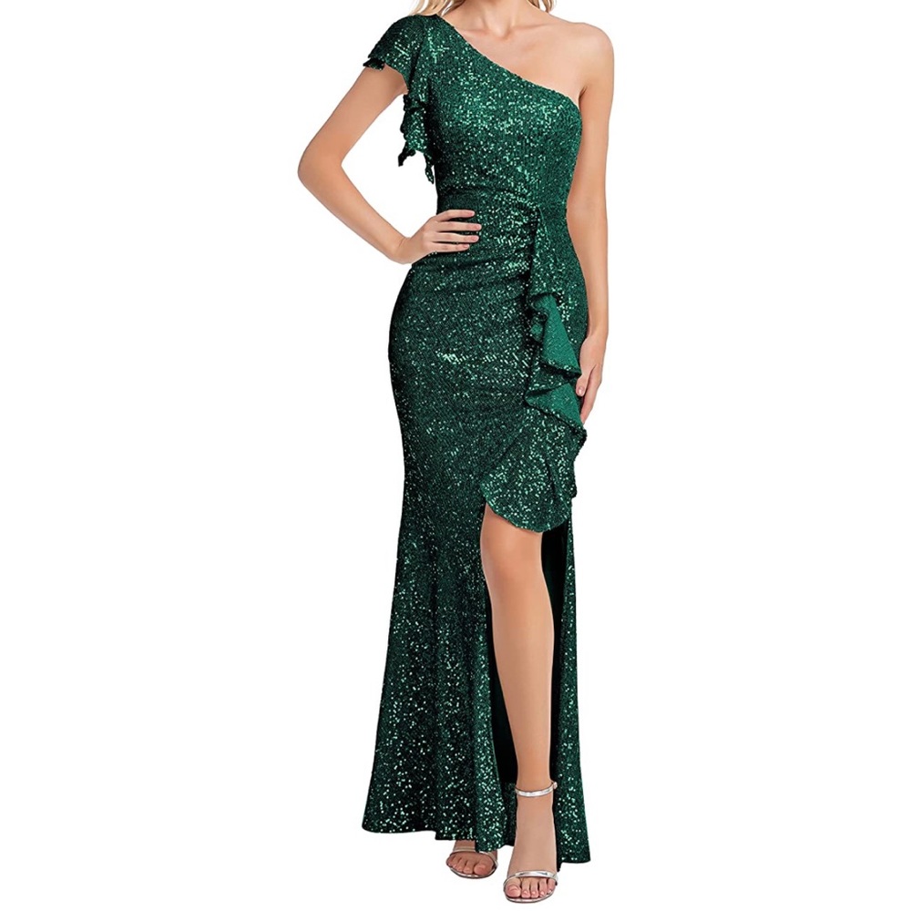 Women's Elegant Sequin One Shoulder Formal Dress Ruched with Slit